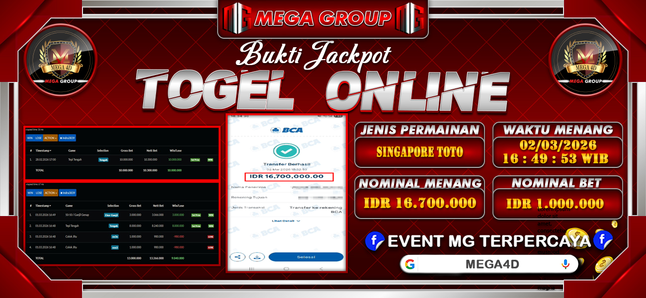 Bukti JP situs Mega4D hari Senin, 02 Maret 2026