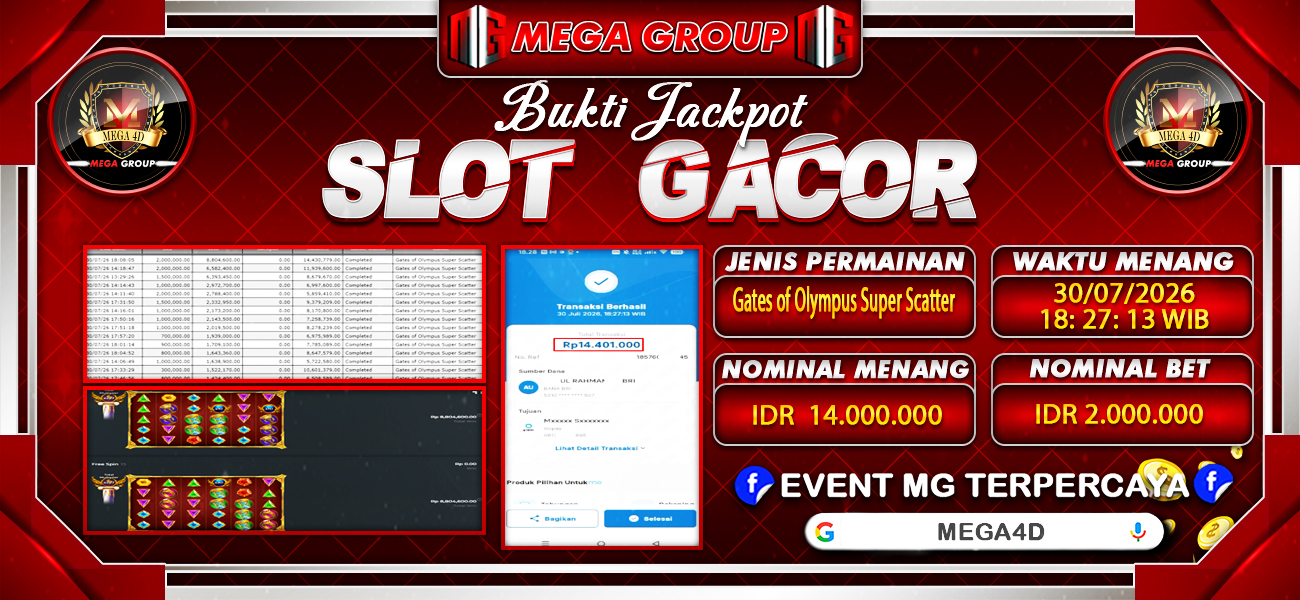 Bukti JP situs Mega4D hari Kamis, 30 Juli 2026